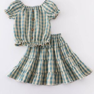 Product Image for  Teal Plaid Puff Sleeve Skirt Set
