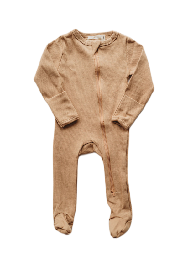 Product Image for  Organic cotton ribbed knit one-piece footed zipper in “Wheat”